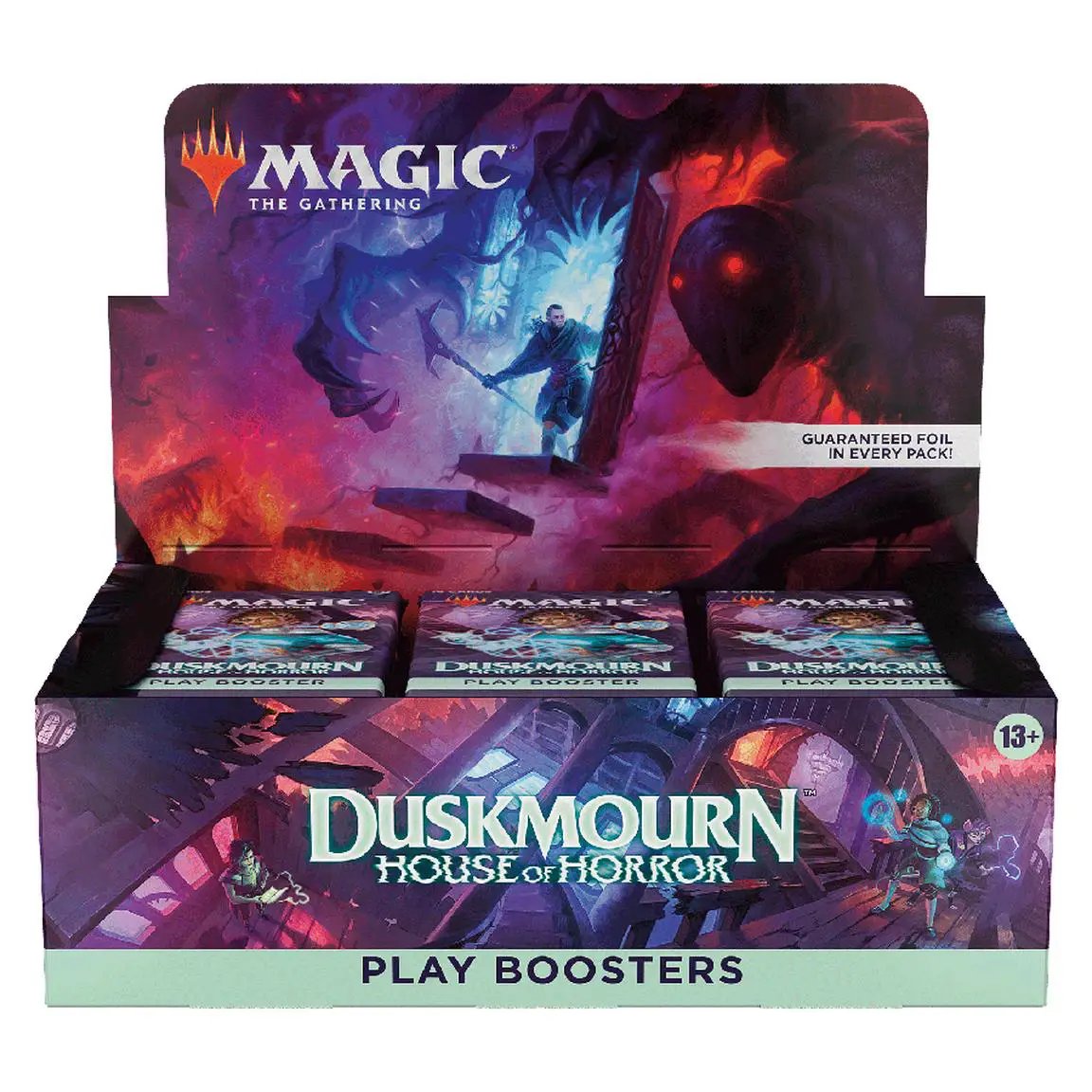 Magic: The Gathering Duskmourn House of Horror booster box with 36 play booster packs, featuring dark fantasy artwork.