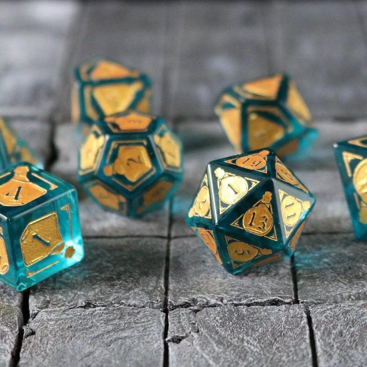 Blue zircon gemstone DND dice set by Runic Dice featuring a mana potion theme, includes various polished glass dice for tabletop gaming.