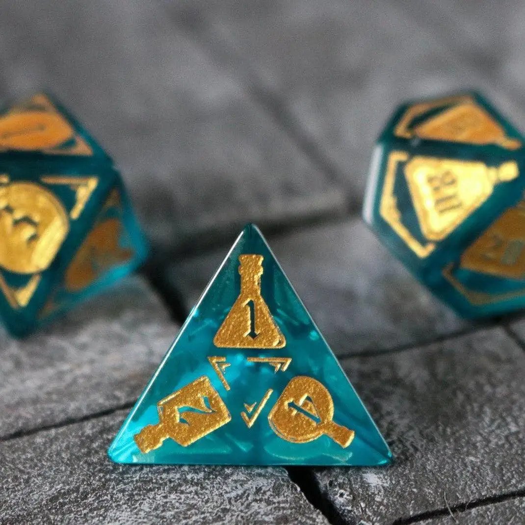 Blue zircon gemstone DND dice set by Runic Dice featuring mana potion-inspired glass dice for tabletop gaming.
