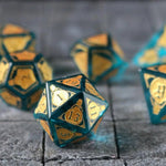 Blue zircon gemstone dice set by Runic Dice featuring mana potion-inspired design for D&D gameplay.