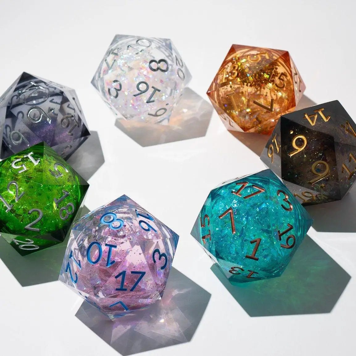 Runic Dice massive black rainbow glitter liquid core 95mm handmade resin chonk dice with matching storage box