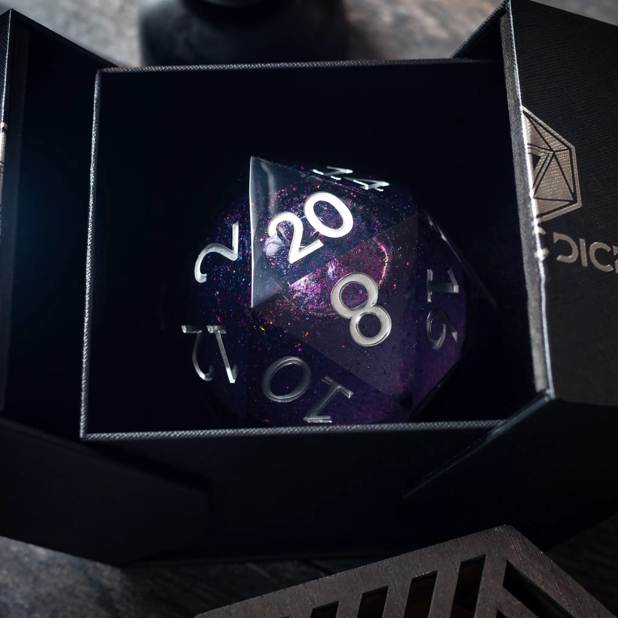 Runic Dice massive black rainbow glitter liquid core 95mm handmade resin chonk dice with matching box, detailed and vibrant.