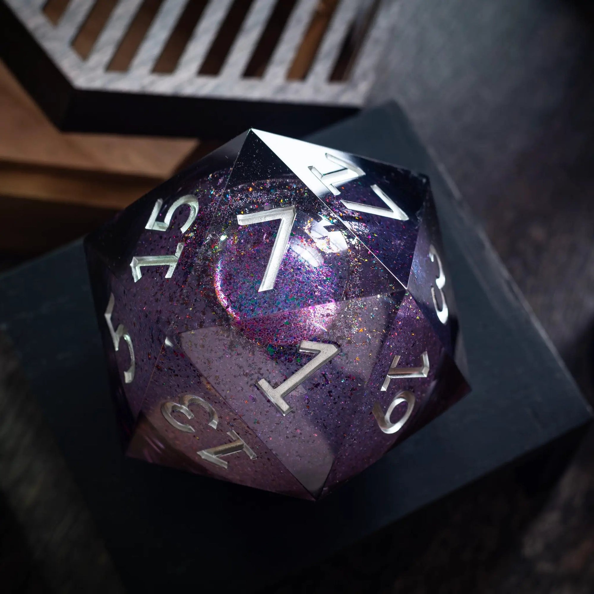 Runic Dice massive black rainbow glitter liquid core resin chonk dice with matching box, handmade 95mm size.