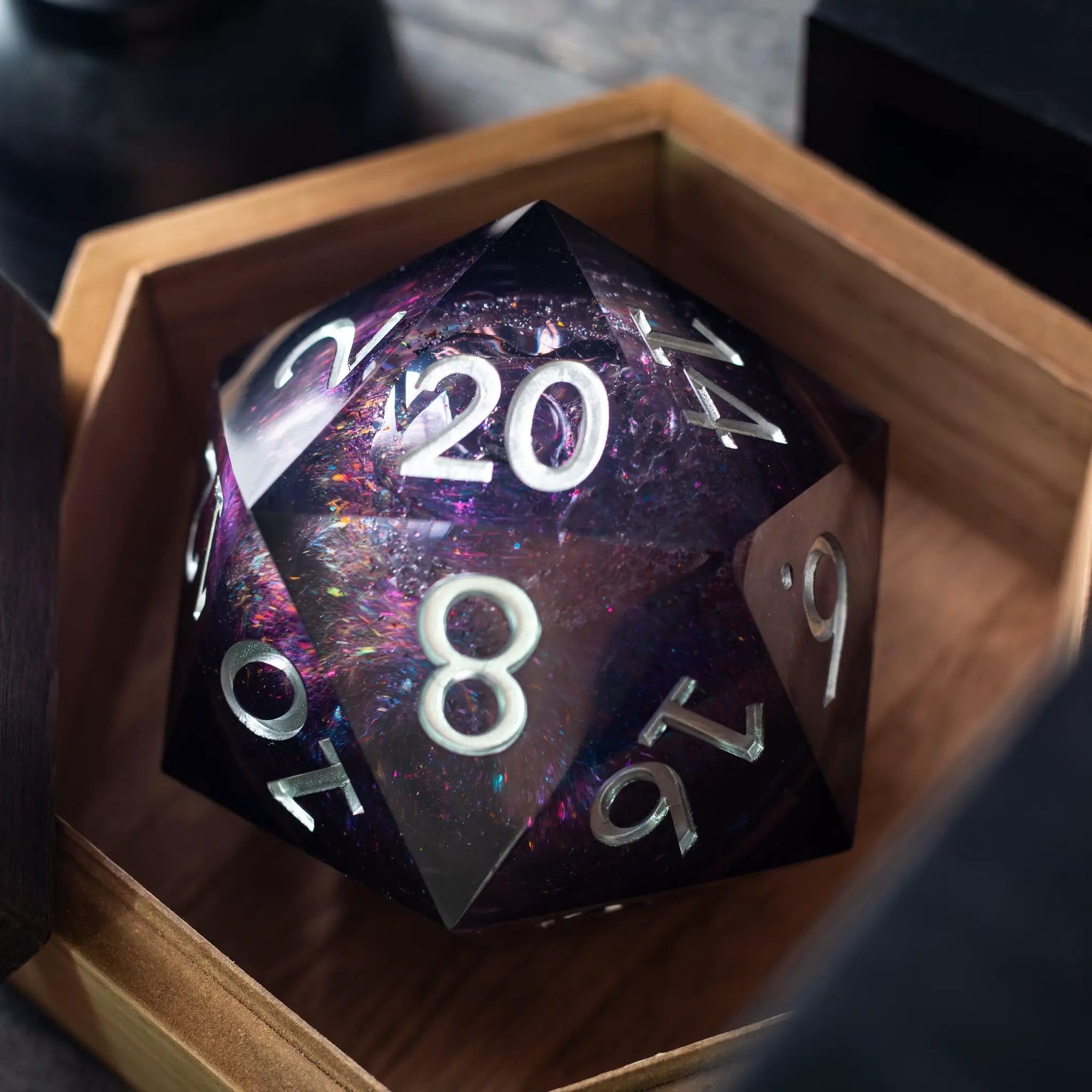 Runic Dice massive black rainbow glitter liquid core 95mm resin chonk dice with matching box, handmade and highly detailed.