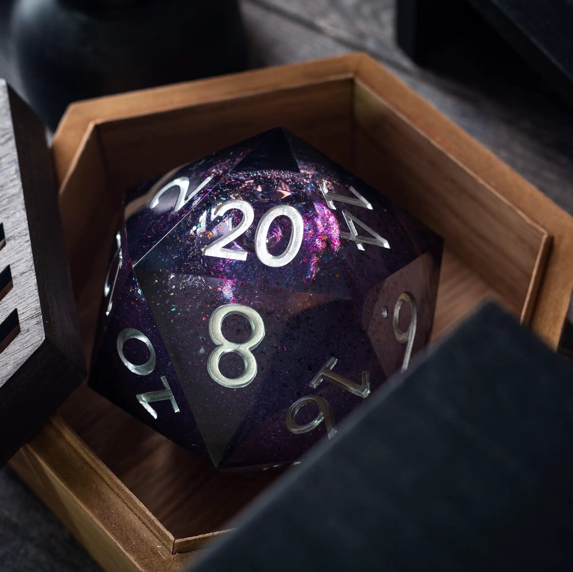 Runic Dice Massive Black Rainbow Glitter Liquid Core 95MM resin chonk dice with matching storage box, handmade and highly detailed.