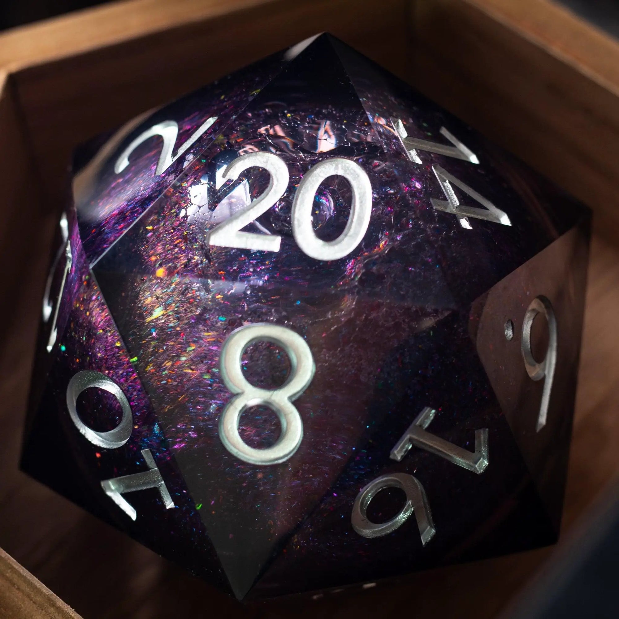 Runic Dice massive black rainbow glitter resin chonk dice with liquid core and matching storage box, handmade and 95mm in size