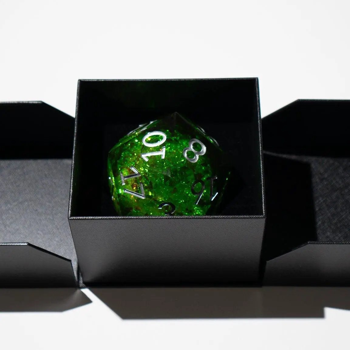 Large green resin chonk dice with liquid core and matching box, handmade by Runic Dice, 95mm size for gaming or display.
