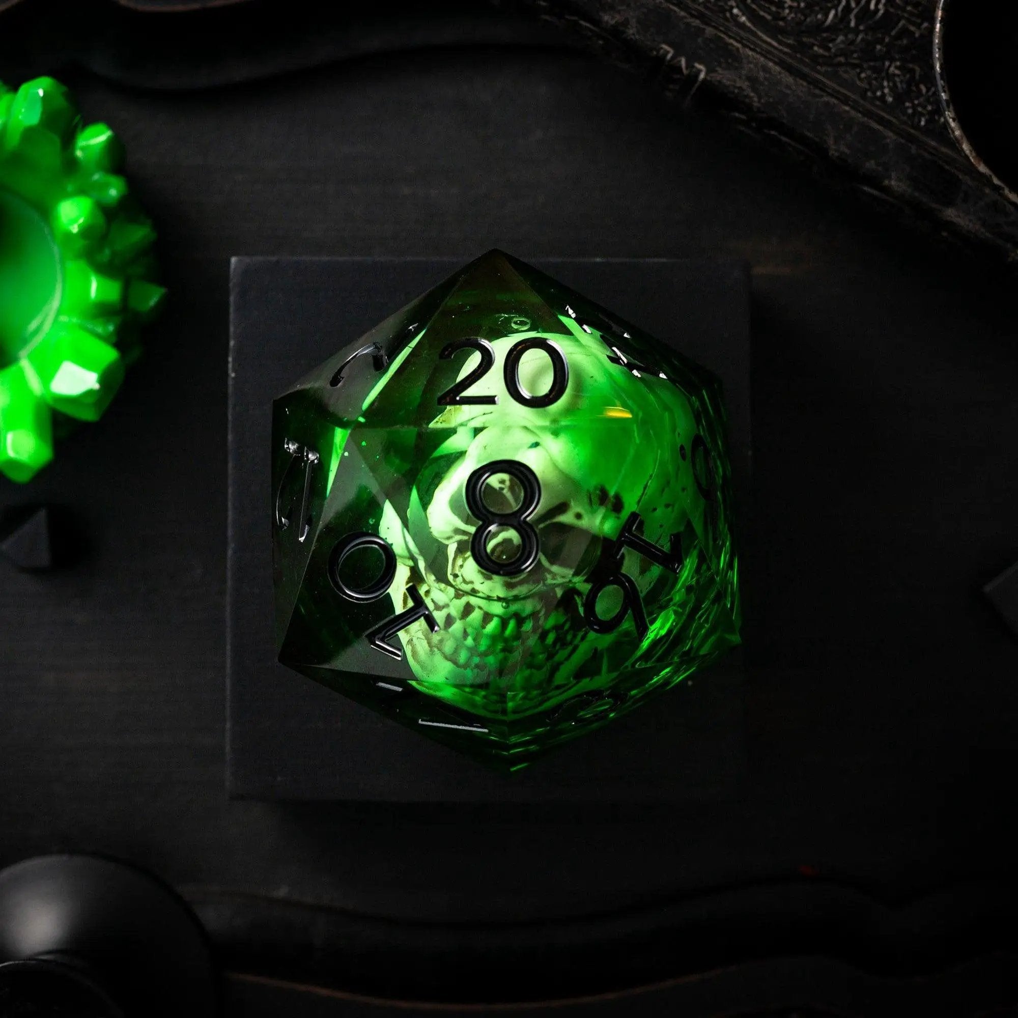 Runic Dice massive green skull liquid core 95mm handmade resin chonk dice with matching box, detailed and vibrant for tabletop gaming.