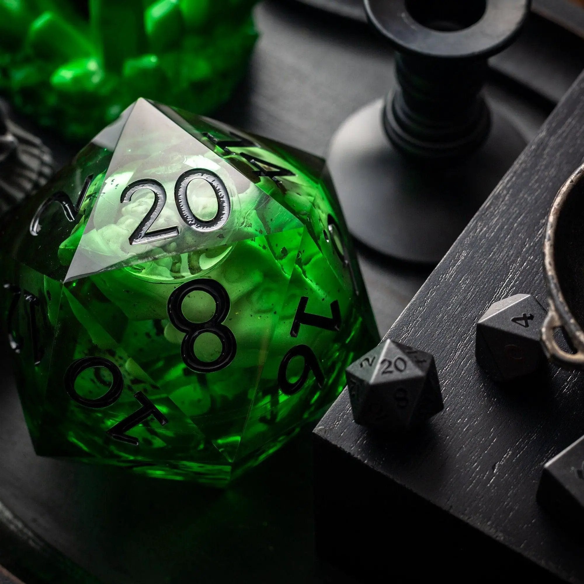 Green skull liquid core resin chonk dice by Runic Dice, 95mm handmade with matching storage box.