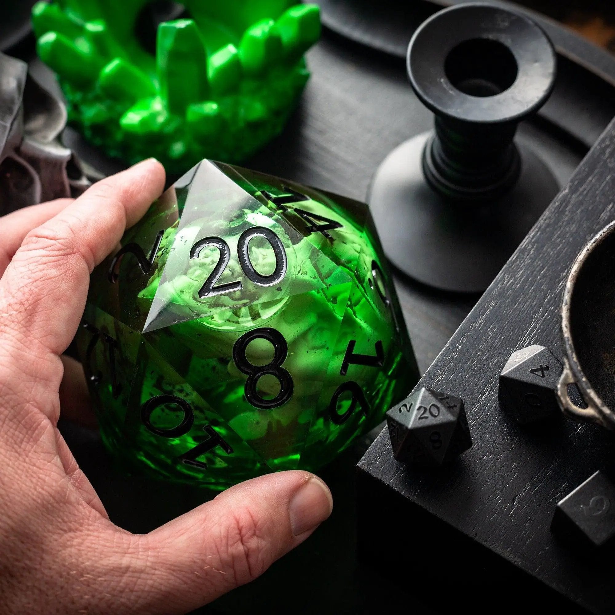 Green resin skull liquid core chonk dice by Runic Dice with matching box, 95mm handmade resin gaming dice for tabletop play