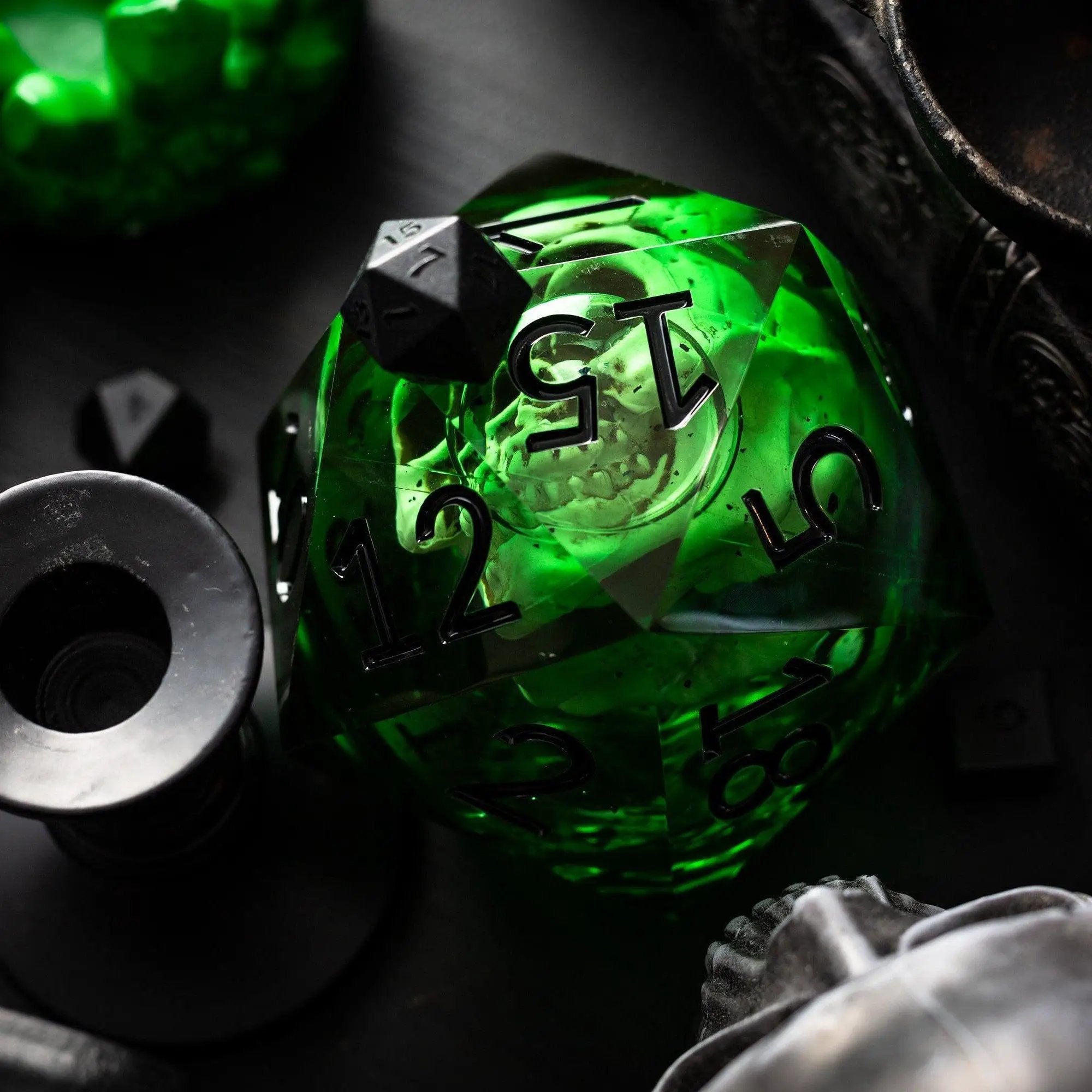 Green resin skull liquid core chonk dice by Runic Dice with matching box, 95mm handmade resin gaming accessory.