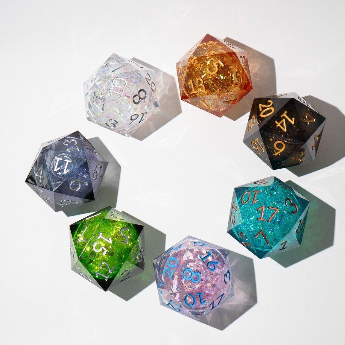 Sea green teal resin chonk dice with liquid core and matching box, handmade by Runic Dice.