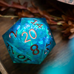 Large sea green teal resin chonk dice with liquid core and matching box, handmade by Runic Dice.