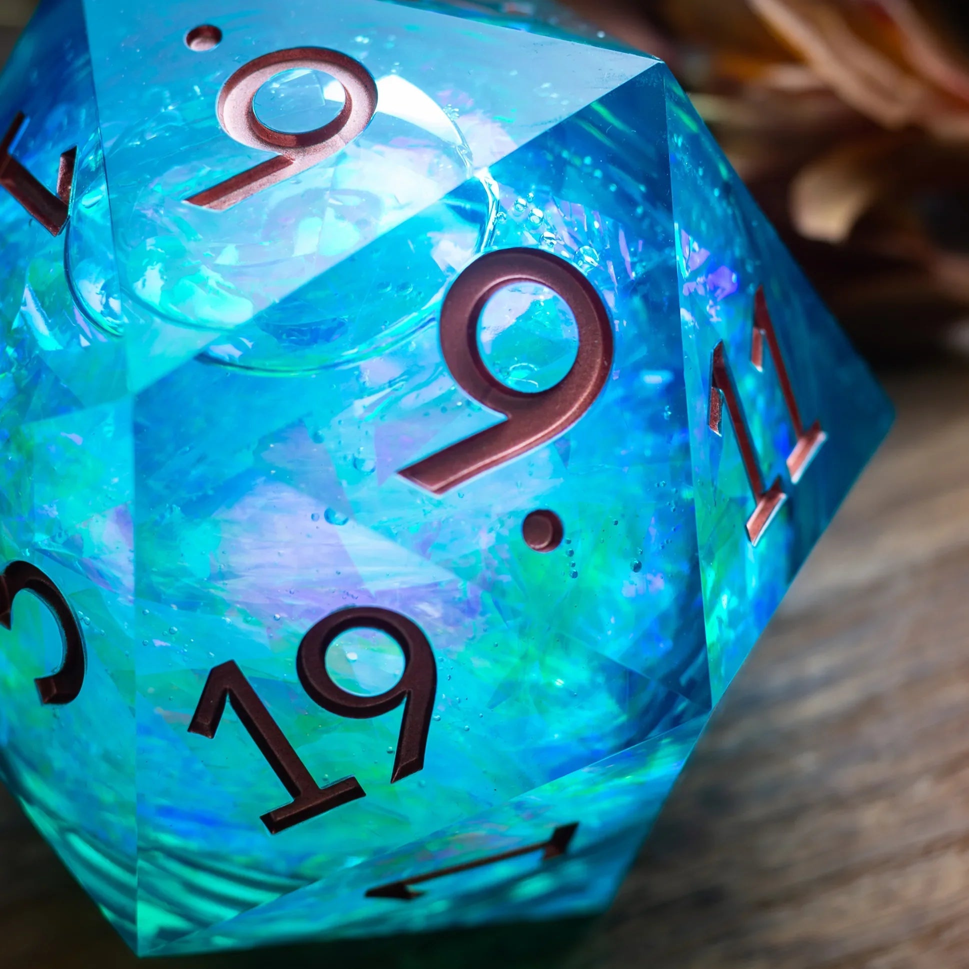 Massive sea green teal liquid core 95mm handmade resin chonk dice with matching box, by Runic Dice.