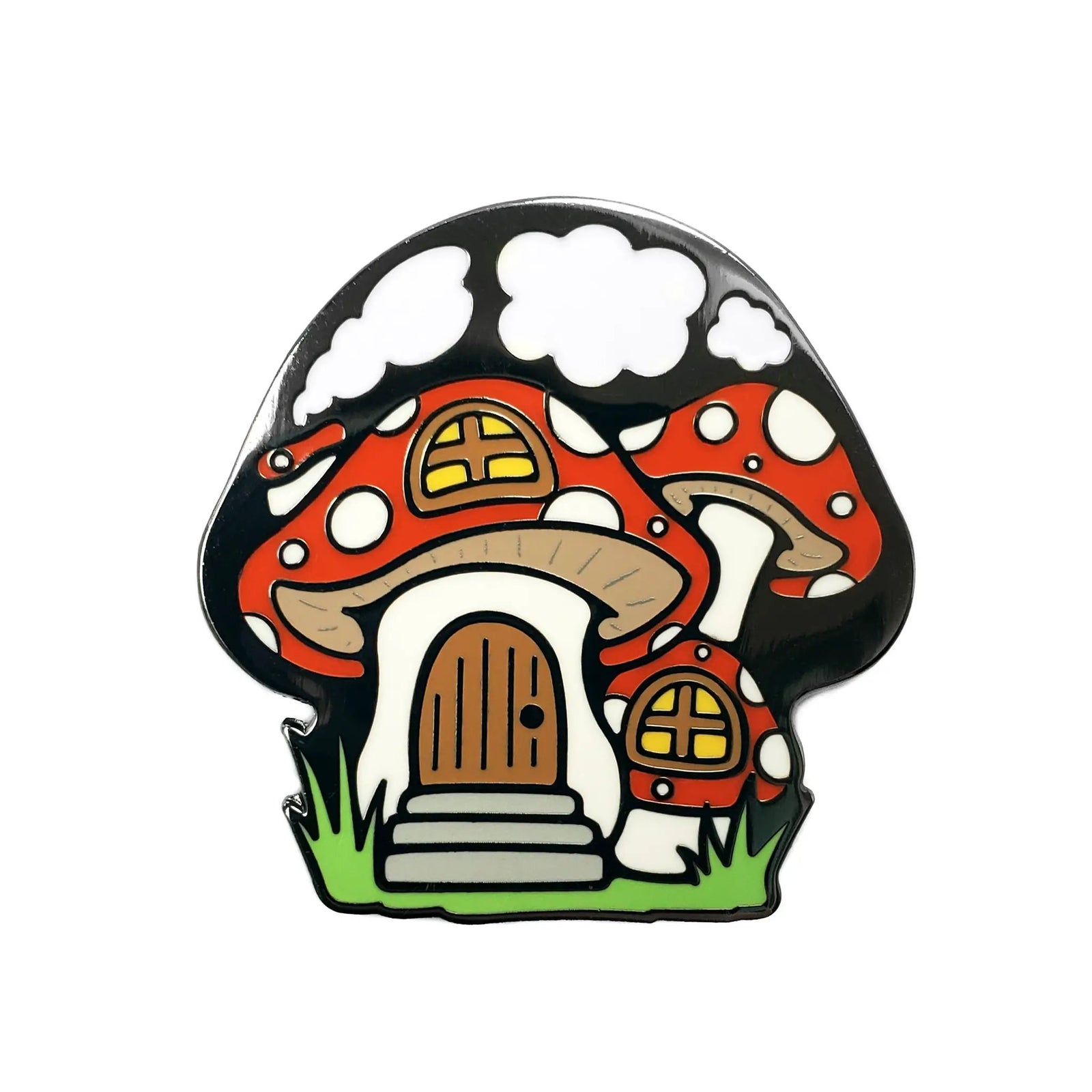 Kolorspun Mushroom House golf ball marker with mushroom design, small metal pin for marking golf balls on the course.