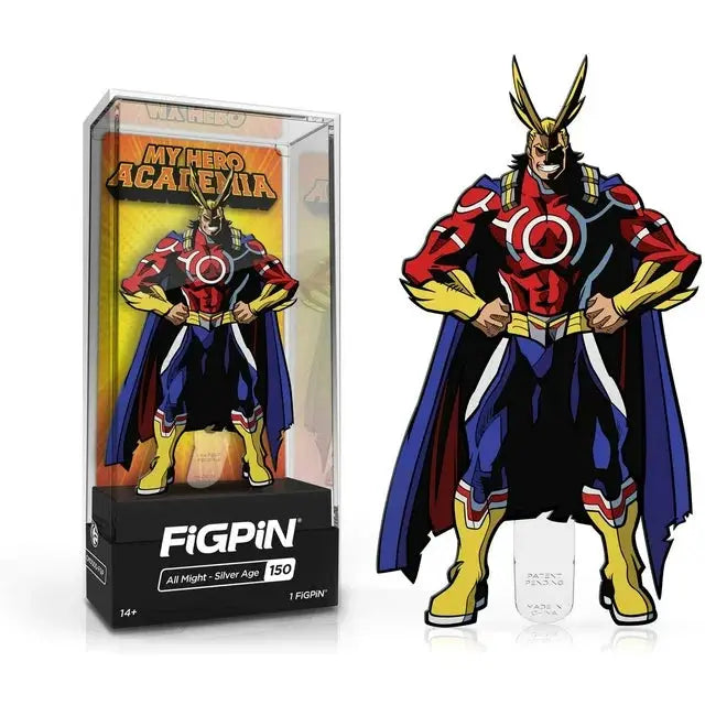 My Hero Academia Silver Age All Might FiGPiN enamel pin, featuring detailed All Might character in silver, collectible superhero accessory