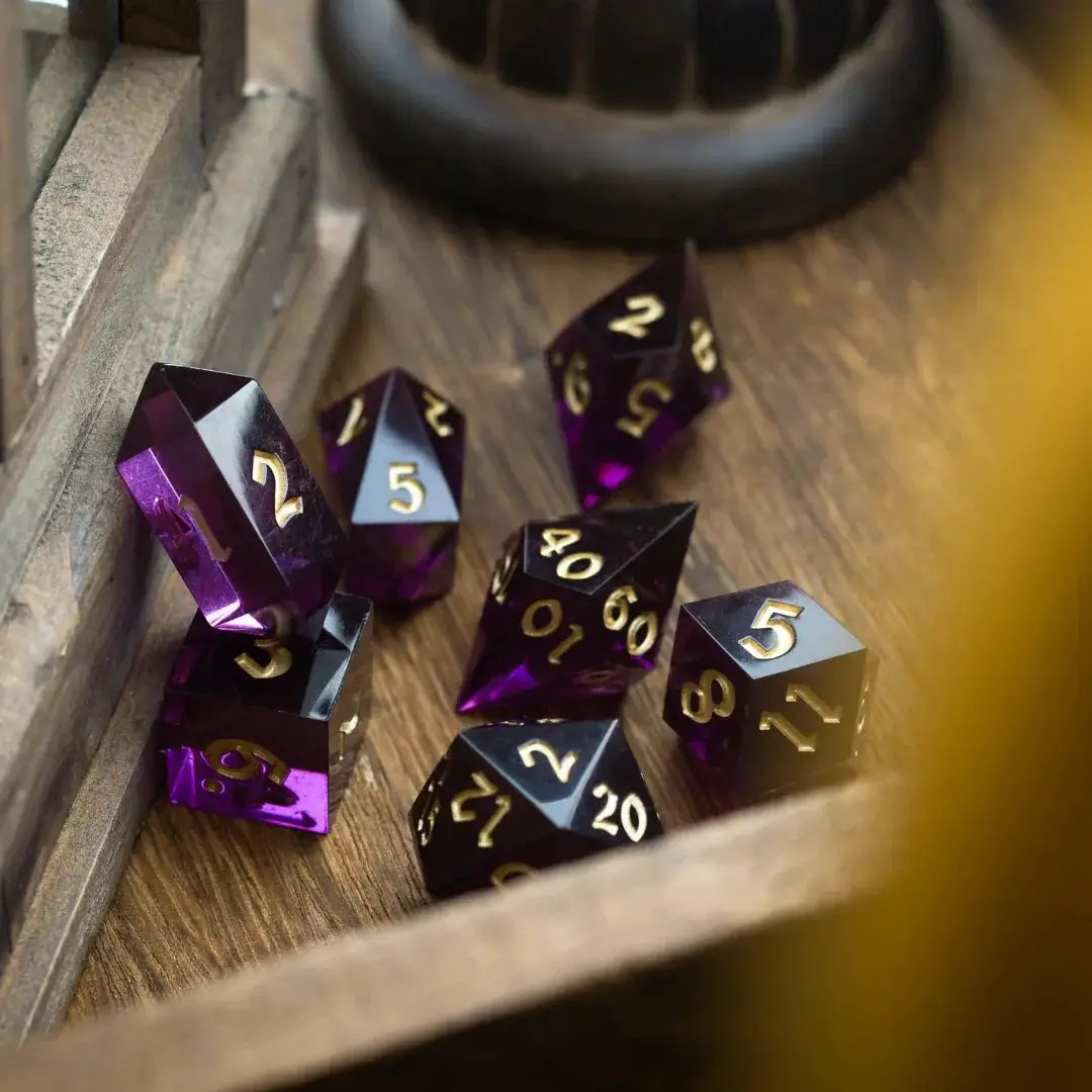 Mystic violet resin DND dice set by Runic Dice featuring seven intricately designed polyhedral dice for tabletop gaming.