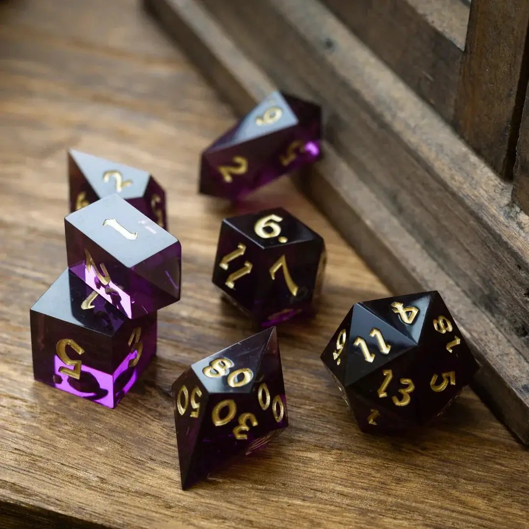 Mystic violet resin DND dice set by Runic Dice featuring seven colorful, polished polyhedral dice for tabletop gaming.