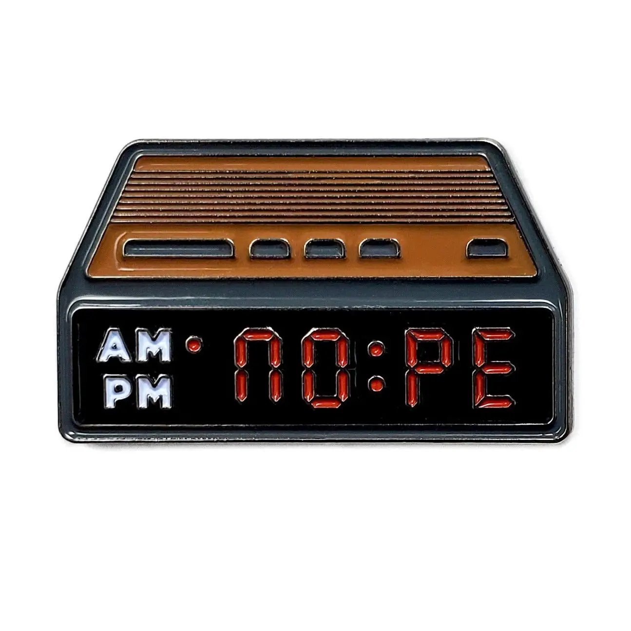 Kolorspun NOPE alarm clock pin in black nickel, showcasing a detailed, small enamel pin design featuring the word NOPE.