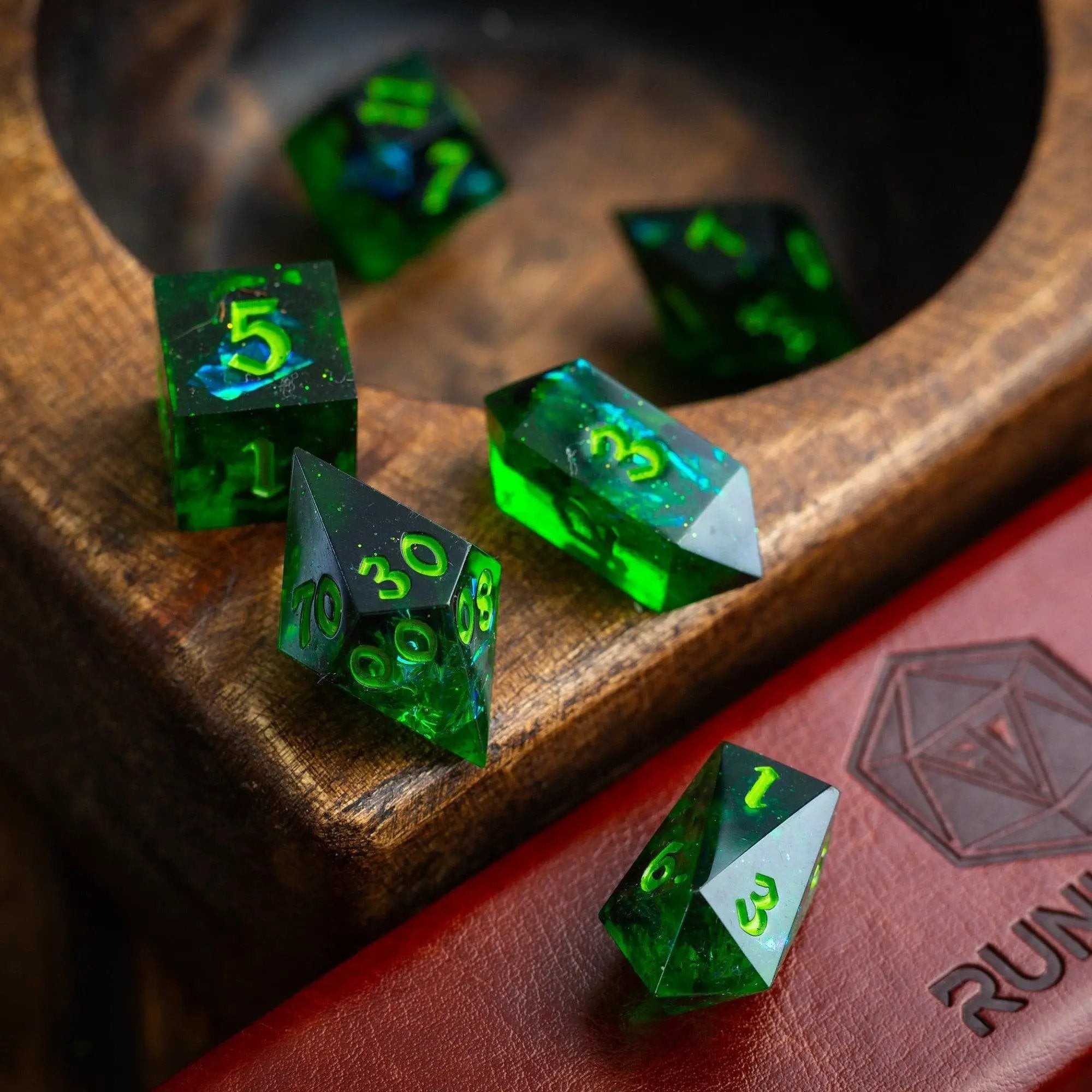 Nox Green handmade resin D&D dice set by Runic Dice, featuring a vibrant green color with intricate swirls and detailed numbering.
