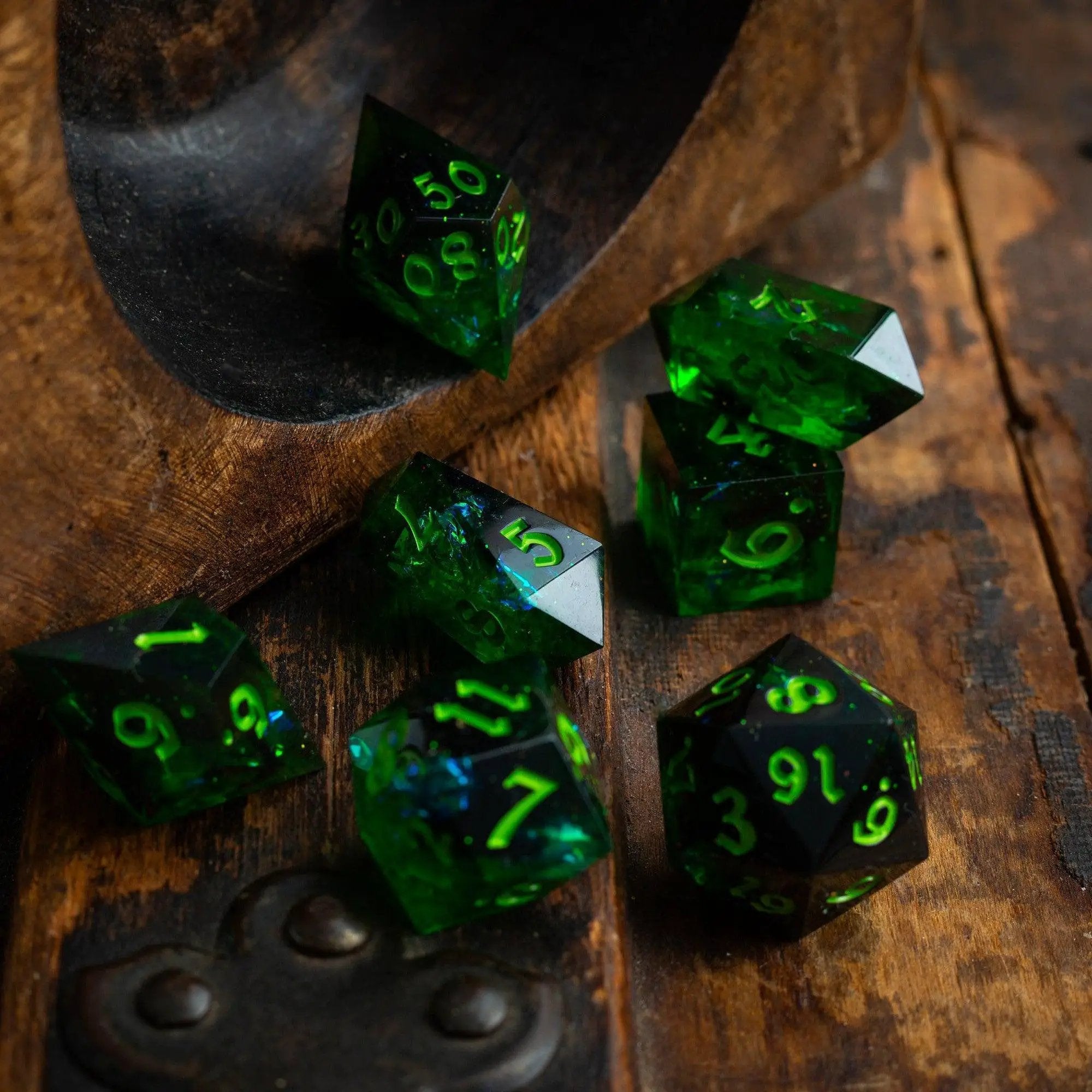 Nox Green handmade resin DND dice set by Runic Dice, featuring six intricately crafted resin gaming dice for tabletop RPGs.