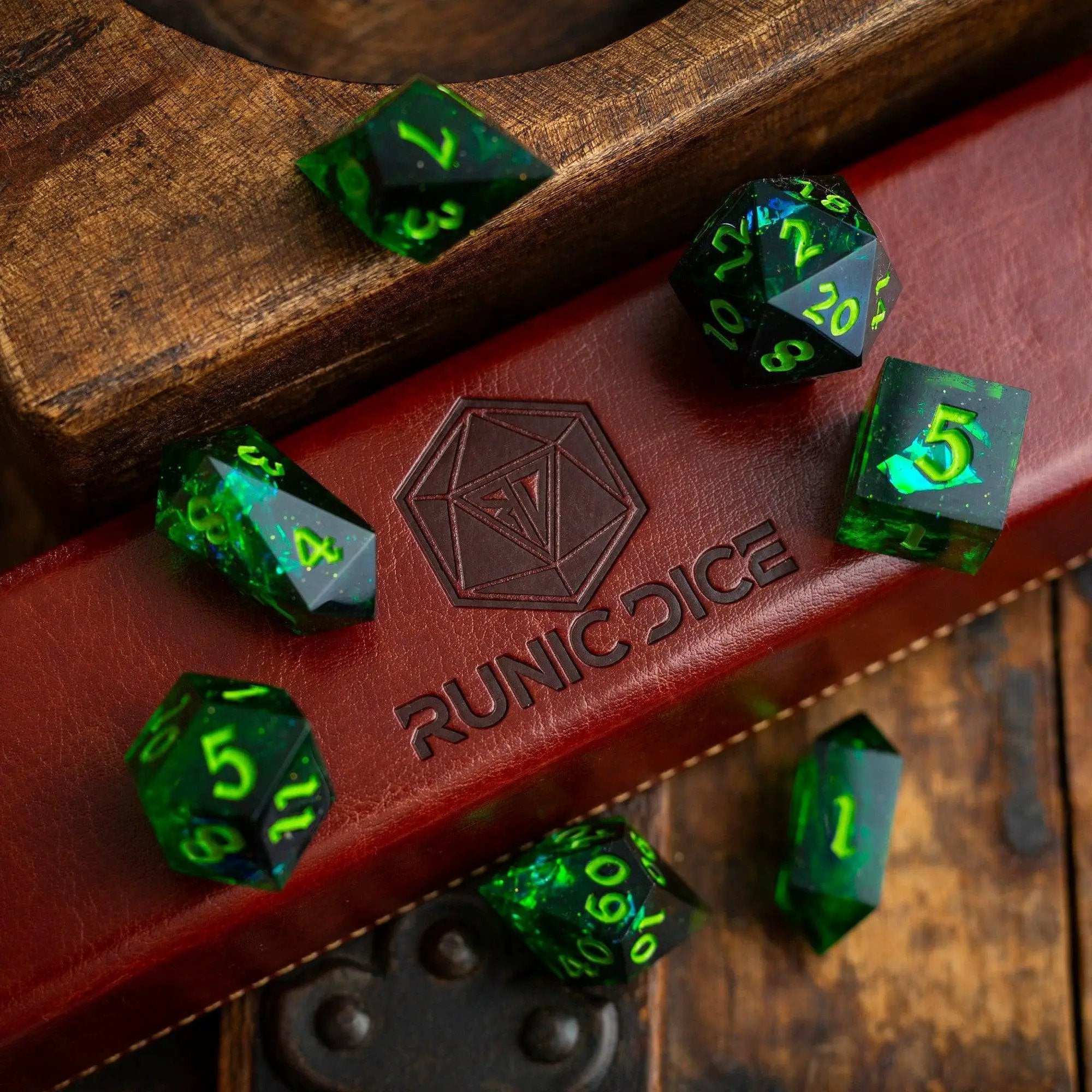 Nox Green handmade resin DND dice set with multiple polyhedral dice, crafted by Runic Dice for tabletop gaming gameplay.