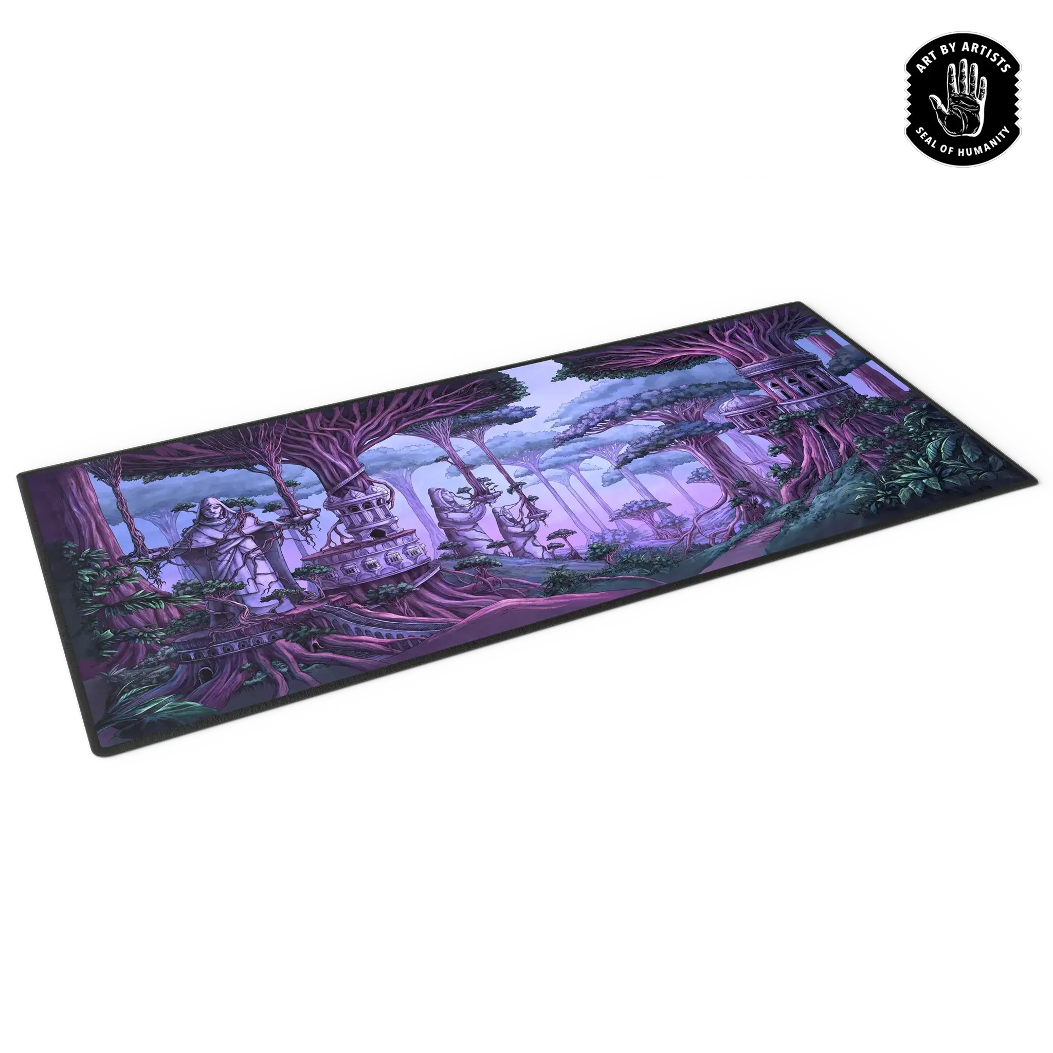 Close-up of the Curator™ Arcane Landscapes: The Mezzanines game mat featuring mystical landscape artwork for tabletop gaming.