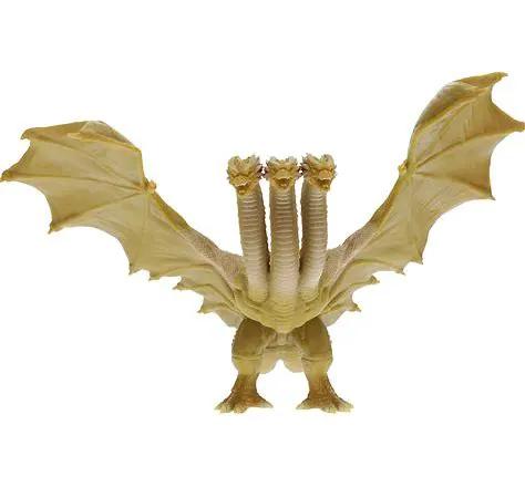 King Ghidorah 2019 figure from THE MIGHTY HOBBY SHOP, detailed model with three heads and golden scales, front view.