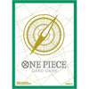 Set of 70 green Bandai One Piece card game official sleeves for standard-sized cards, featuring vibrant One Piece character artwork.