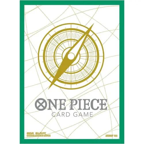 Set of 70 green Bandai One Piece card game official sleeves for standard-sized cards, featuring vibrant One Piece character artwork.