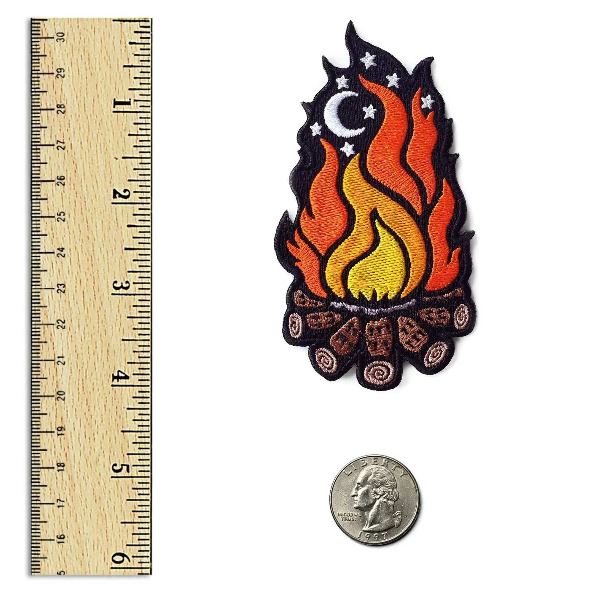 Kolorspun campfire patch featuring a colorful fire design, sewn patch with vibrant flames and rustic outdoor theme.