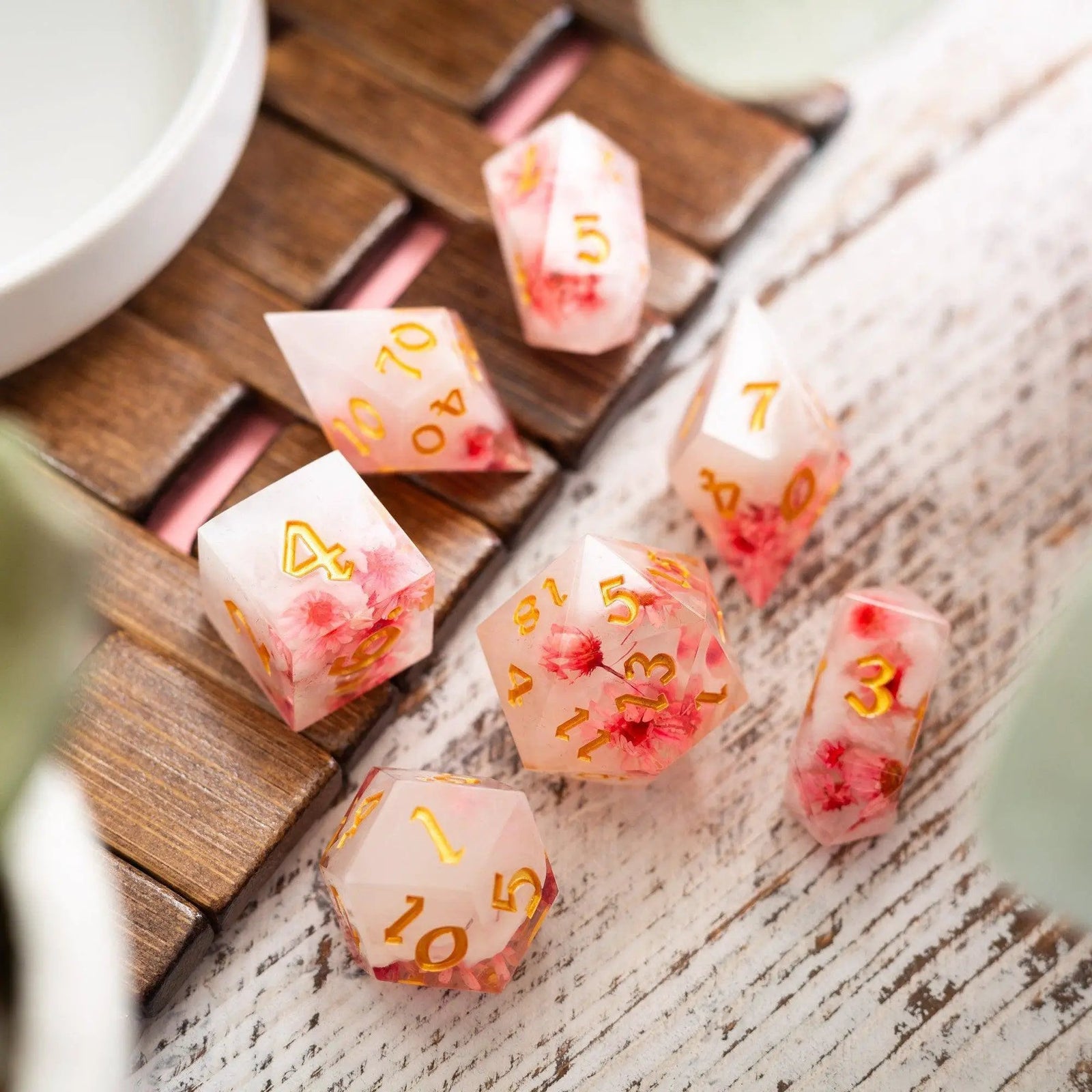Pink Blossom Handmade Resin DND Dice Set by Runic Dice