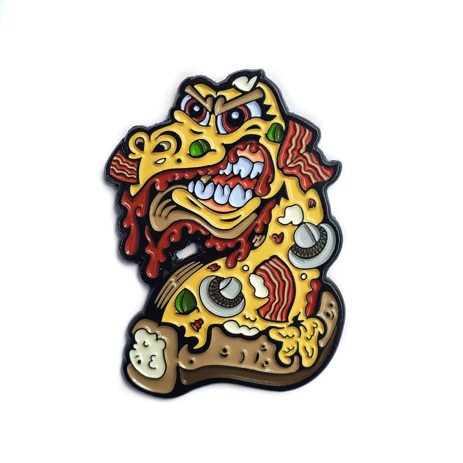Kolorspun Pizza Monster pin featuring a colorful, fun pizza monster design on a metal pin accessory.