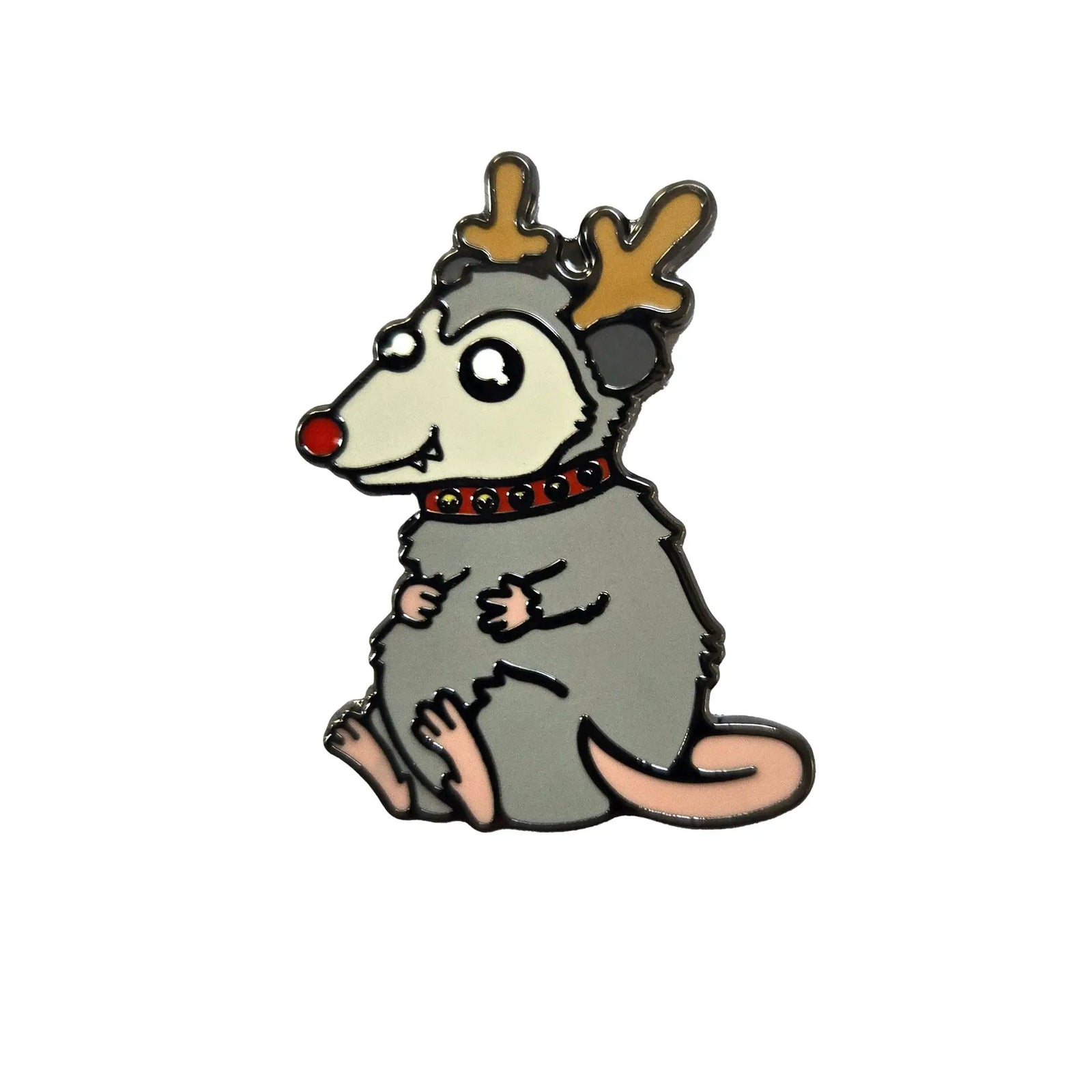 Kolorspun Reindeer Possum pin featuring a festive possum design with reindeer antlers, crafted as a stylish accessory pin.