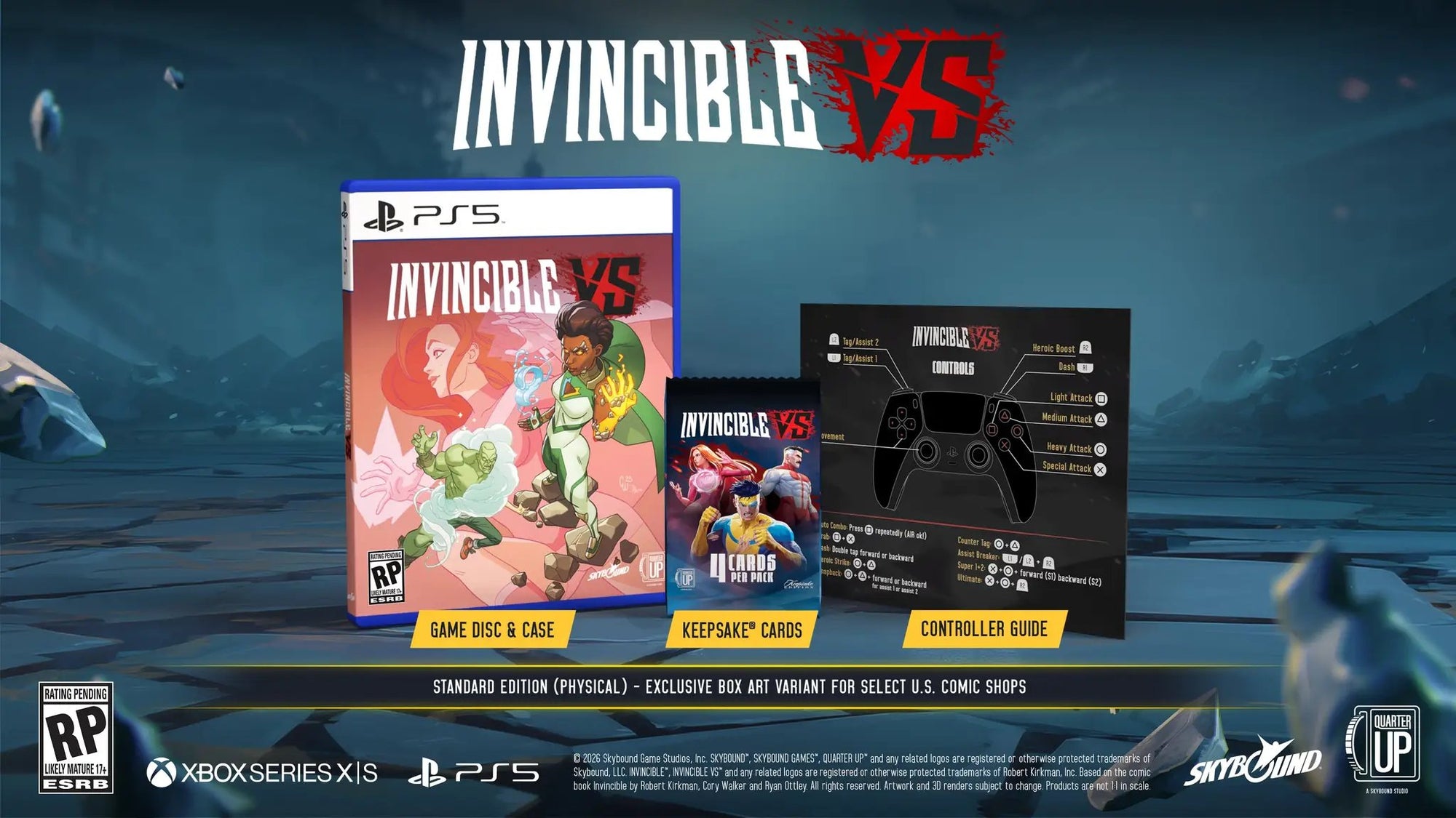 JAMS Fortress Comics Invincible VS PS5 game cover for Lunar Exclusive Standard Edition bundle, featuring vibrant artwork and title.