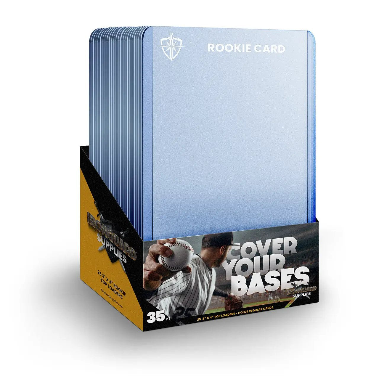Clear plastic sports card toploader for rookie cards, 35pt thickness, from THE MIGHTY HOBBY SHOP, designed to protect collectible cards.