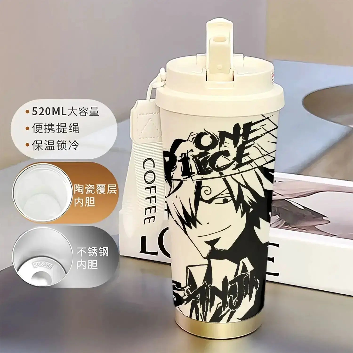 One Piece Thermos Cup: 520ML Luffy & Zoro Anime Straw Mug by Infinite Visibility