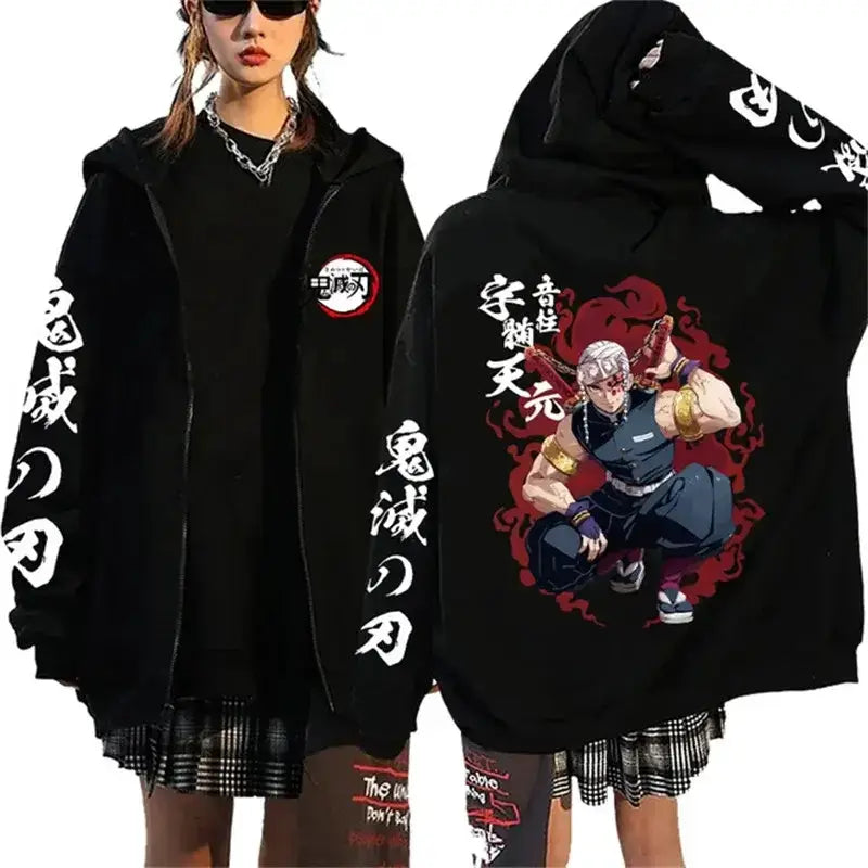 Demon Slayer Harajuku fleece zip-up hoodie by Infinite Visibility featuring bold graphic design and streetwear style.