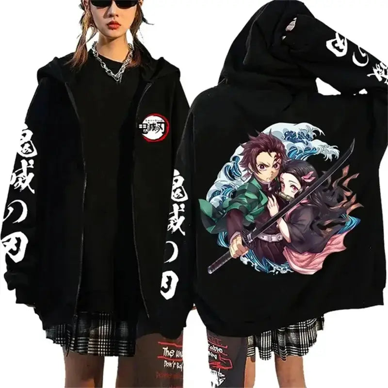 Demon Slayer Harajuku fleece zip hoodie by Infinite Visibility, featuring vibrant anime-inspired streetwear design with a full front zipper.