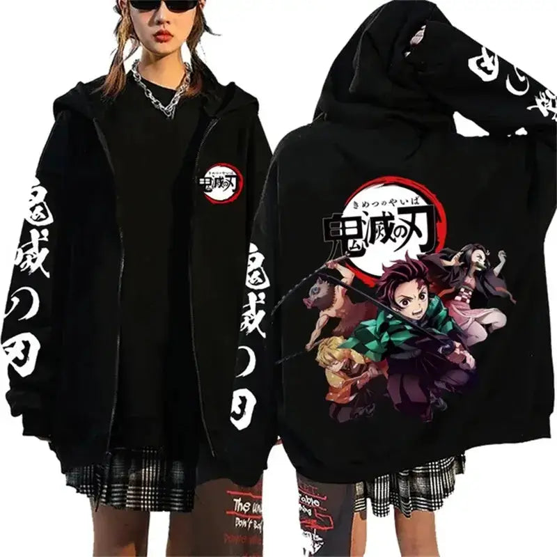 Demon Slayer Harajuku fleece zip hoodie by Infinite Visibility, featuring character graphics and a cozy streetwear design.