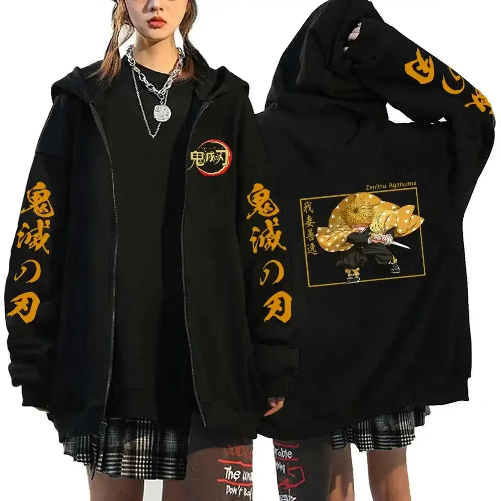 Demon Slayer Harajuku fleece zip hoodie by Infinite Visibility, stylish streetwear with detailed graphic design and zip front.
