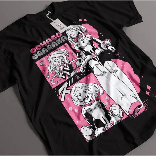 Black t-shirt with anime character design on a gray background