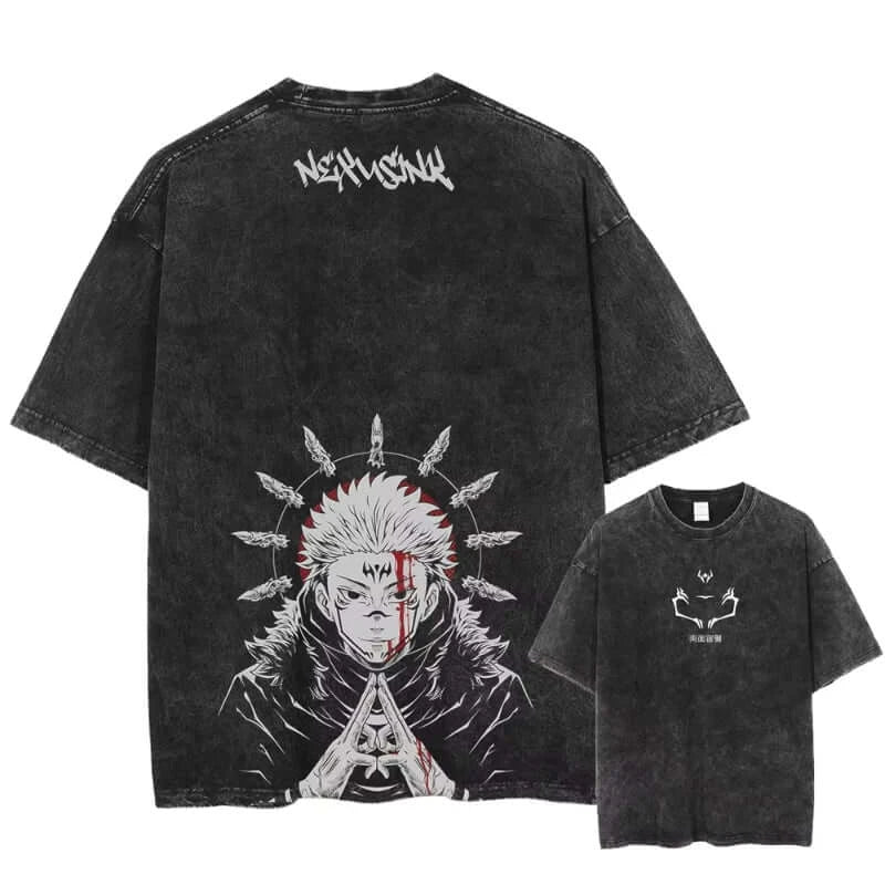 Ryomen Sukuna Washed T-Shirt: Harajuku Oversized Anime Tee