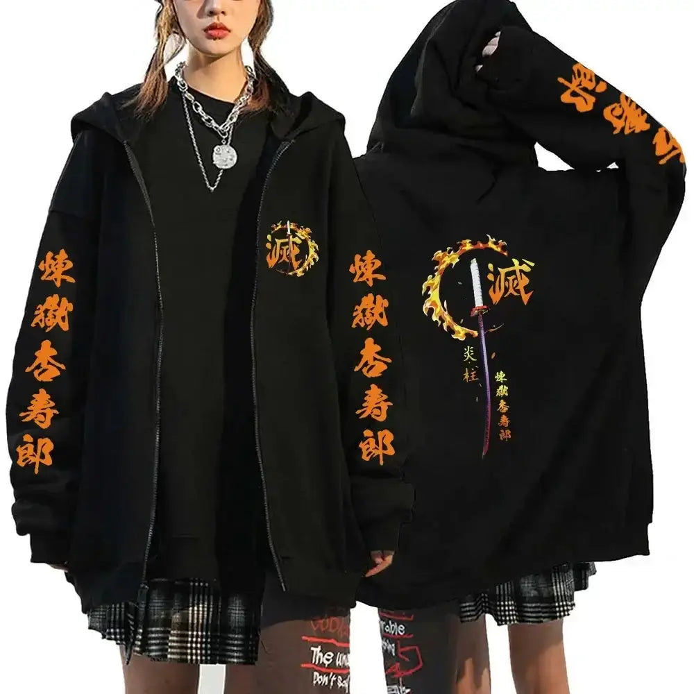 Demon Slayer Harajuku fleece zip hoodie by Infinite Visibility, streetwear style with bold graphic design and comfortable fit.