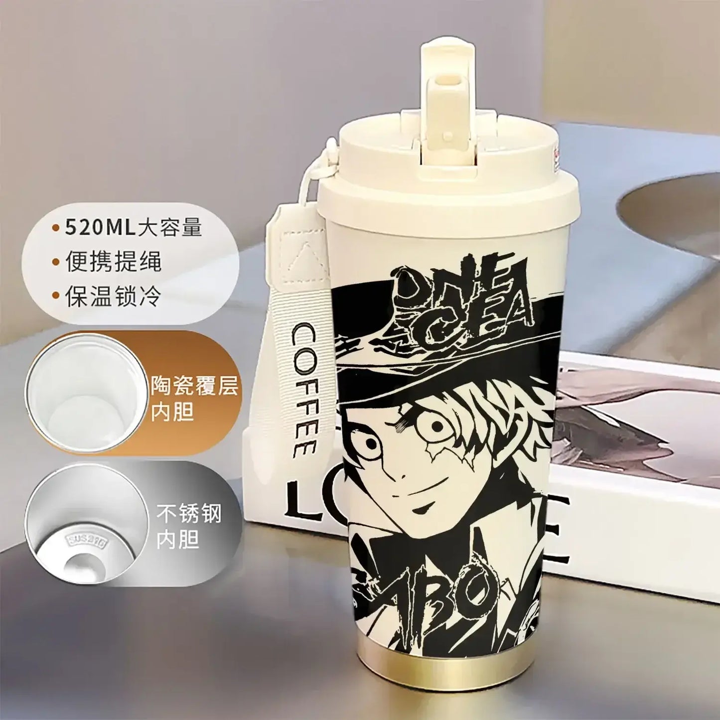 One Piece Thermos Cup: 520ML Luffy & Zoro Anime Straw Mug