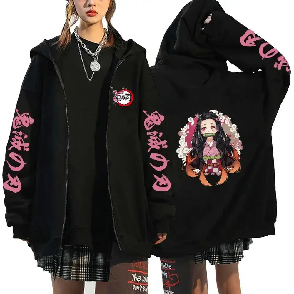 Demon Slayer Harajuku fleece zip-up hoodie by Infinite Visibility, featuring anime-inspired streetwear design and front zipper closure.