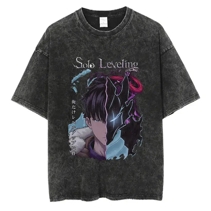 Solo Leveling Vintage T-shirt: Harajuku Washed Anime Tee
