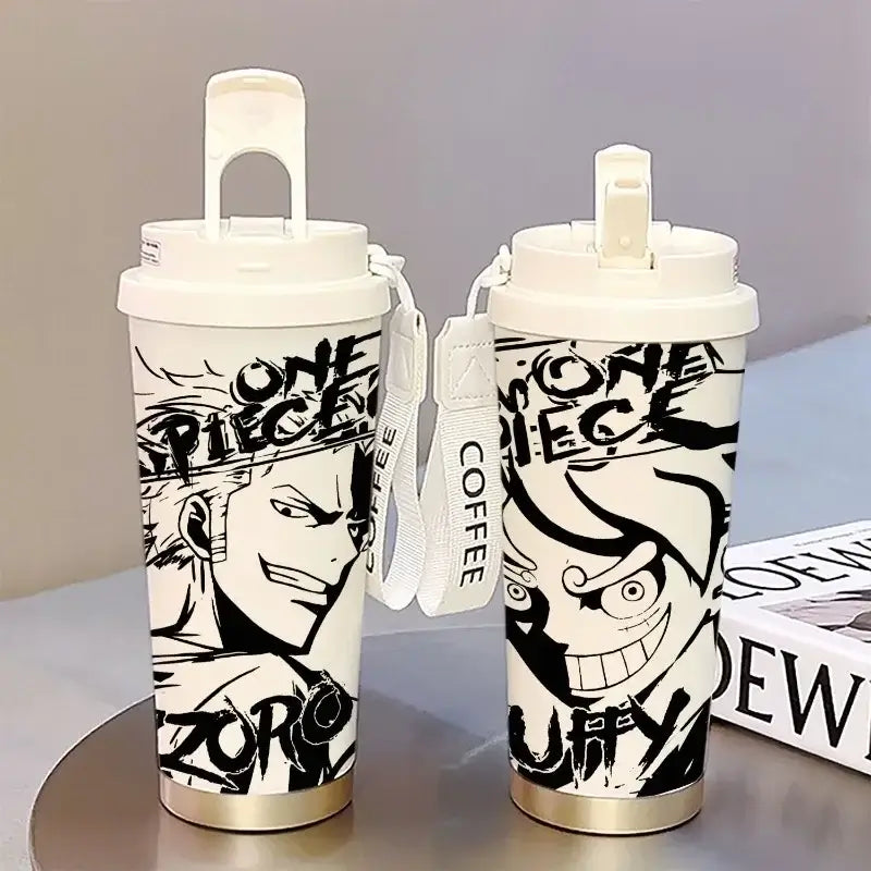 One Piece Thermos Cup: 520ML Luffy & Zoro Anime Straw Mug