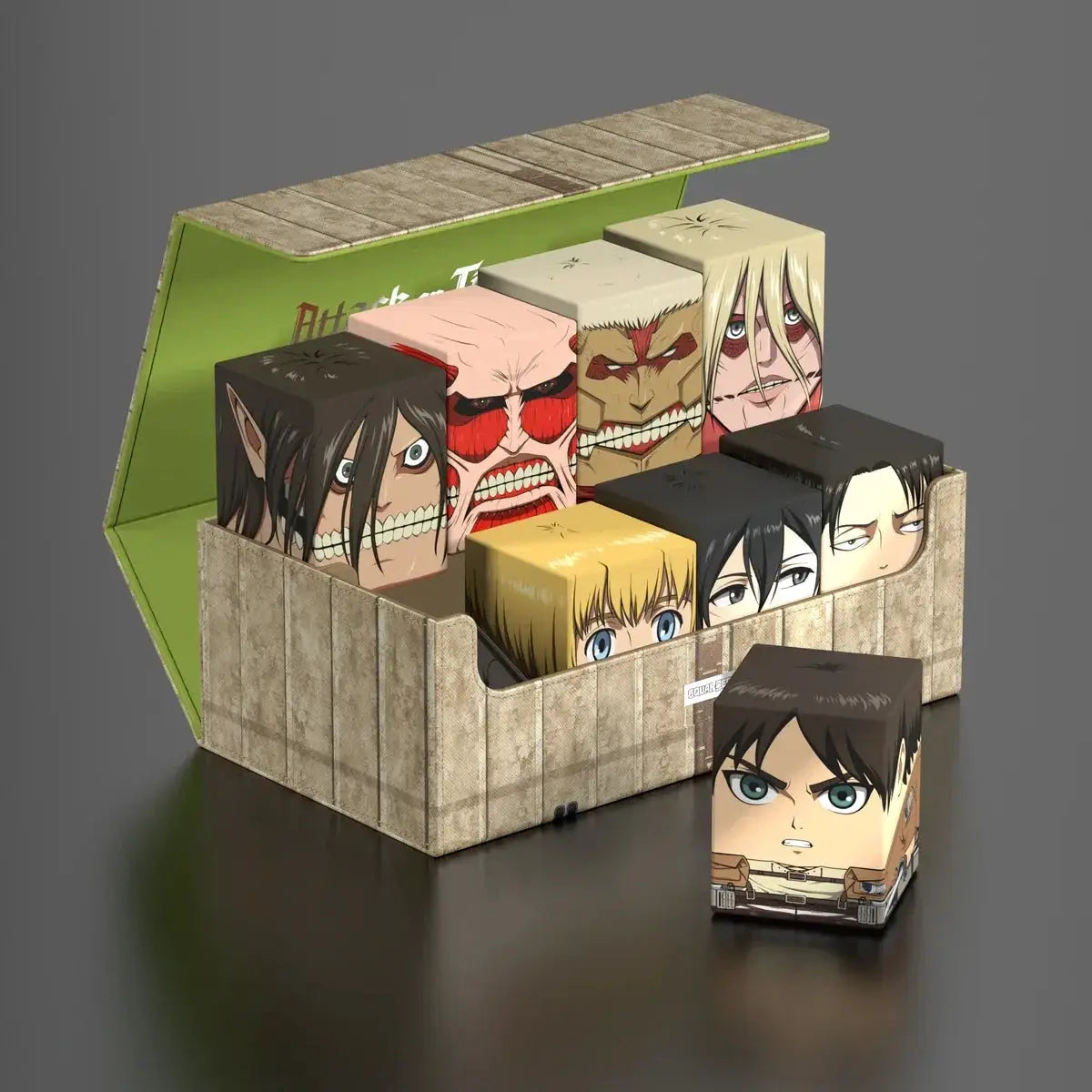 Dark-colored collectors case for Attack on Titan Shiganshina District, designed for storing figures or collectibles.