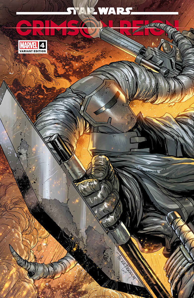 Comic book cover featuring a character in armor with a gun, titled 'Star Wars: Crimson Reign'.